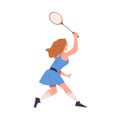Happy girl playing tennis. Side view of smiling young woman training with racket on court cartoon vector illustration Royalty Free Stock Photo