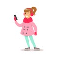 Happy Girl With Ponytail In Classic Girly Color Clothes Smiling Cartoon Character Looking At Smartphone