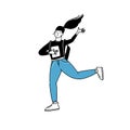 Happy girl with ponytail holding a book, running and waving hand. Isolated vector drawing of joyful college student