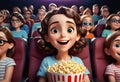 Happy girl with popcorn watching movie in cinema theater. Generative AI