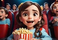 Happy girl with popcorn watching movie in cinema theater. Generative AI Royalty Free Stock Photo