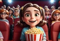 Happy girl with popcorn watching movie in cinema theater. Generative AI Royalty Free Stock Photo