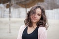 Happy girl portrait, Portrait of beautiful positive happy sensitive young girl or woman posing outdoors in casual clothes with smi Royalty Free Stock Photo