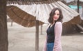 Happy girl portrait, Portrait of beautiful positive happy sensitive young girl or woman posing outdoors in casual clothes with smi Royalty Free Stock Photo