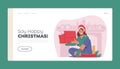 Happy Girl Prepare Presents for Family Landing Page Template. Female Characters in Santa Hat Wrapping Boxes with Paper