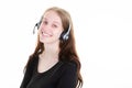 Happy girl pretty call center consultant woman young blonde with head set phone headset in white background Royalty Free Stock Photo