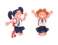 Happy Girl Pupil in Uniform with Tie and Backpack Jumping with Joy Excited About Back to School Vector Set Royalty Free Stock Photo