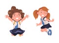 Happy Girl Pupil in Uniform with Tie and Backpack Jumping with Joy Excited About Back to School Vector Set Royalty Free Stock Photo