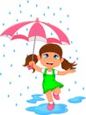 Happy girl in rain with umbrella