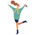 The happy girl received the keys to an apartment or a car. The female character is jumping with happiness. Woman showing