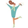 The happy girl received the keys to an apartment or a car. The female character is jumping with happiness. Woman showing