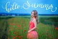 Happy girl in a red dress on poppy field and text Hello summer. Calligraphy lettering hand draw Royalty Free Stock Photo
