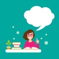 Happy girl with red glasses, books and speech bubble. creative teacher. giving advice . Royalty Free Stock Photo