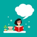 Happy girl with red glasses, books and speech bubble. creative teacher. giving advice