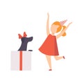 Happy girl rejoicing a puppy who sitting inside a gift box, kid celebrating her Birthday vector Illustration on a white Royalty Free Stock Photo