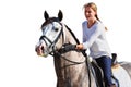 Happy girl riding horse on white background