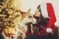 Happy girl in santa hat hugging with cute dog on background of g Royalty Free Stock Photo