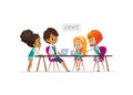 Happy girl scouts and female troop leader learning programming during lesson, Concept of coding for children in scouting Royalty Free Stock Photo