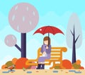 Happy girl sit bench watch birds puddles umbrella