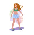 Happy girl skateboarder ride a skateboard with a smile. Vector illustration drawing in flat style. Women`s day card. Isolated on Royalty Free Stock Photo