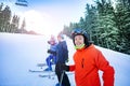 Happy girl and ski school group of kids portrait Royalty Free Stock Photo