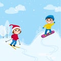 Happy girl skiing and boy snowboarding. Winter sport activity. Cartoon vector illustration Royalty Free Stock Photo