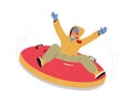 Happy Girl Sliding On Snow Tube Down The Mountain Slope. Tubing Winter Holidays Extreme, Active Female Character Royalty Free Stock Photo