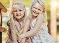 Happy, girl smile and teddy outdoor portrait with happiness, sisters and bonding together. Freedom, children and smiling Royalty Free Stock Photo