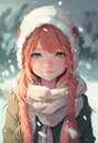 Happy Smirk Cute Girl Snow Snowing Long Red Hair Wearing Hat Scarf Closeup Young Fluffy Orange Skin Pale First Winter Proport