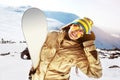 Happy girl snowboarder snowboard ski skiing concept