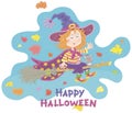 Little Halloween witch flying on a magic broom Royalty Free Stock Photo