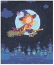 Little Halloween witch flying on a magic broom Royalty Free Stock Photo