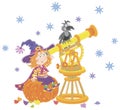Little witch astronomer with an old telescope Royalty Free Stock Photo