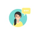 Happy girl with speech bubble in blue circle. Talk, chat message, communicate, messenger concept Royalty Free Stock Photo