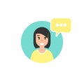 Happy girl with speech bubble in blue circle. Talk, chat message, communicate, messenger concept Royalty Free Stock Photo