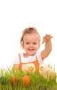 Happy girl with spring chicks and easter eggs Royalty Free Stock Photo