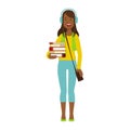 Happy girl student in headphones holding stack of books. Colorful cartoon illustration Royalty Free Stock Photo