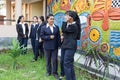 Happy girl students chatting, campus Royalty Free Stock Photo