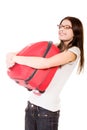 Happy girl with suitcase on a white background Royalty Free Stock Photo