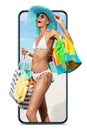 Happy girl in summer beach holiday wearing bikini and sun hat with beach bag and towel, comes out of screen phone isolated in Royalty Free Stock Photo