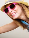 Happy girl in summer clothes, smiling woman tourist. Royalty Free Stock Photo