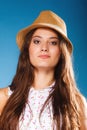 Happy girl in summer clothes and straw hat. Royalty Free Stock Photo