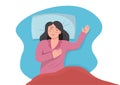 Happy girl with sweet dreams The girl lay on the bed under a soft duvet. and sleep healthy. flat vector illustration Royalty Free Stock Photo