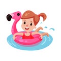 Happy girl swimming with pink inflatable lifebuoy, kid having fun in the pool or the sea colorful character Illustration