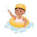 Happy Girl in Swimming Pool Wearing Cap Splashing in Water with Rubber Ring Vector Illustration Royalty Free Stock Photo