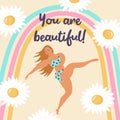 Happy girl in swimsuit in pose, rainbow and daisies. You are beautiful quote. Body positive movement and feminism, mental health Royalty Free Stock Photo