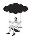 Happy girl on swing hanging from cloud black and white 2D illustration concept