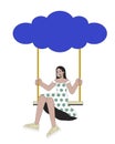 Happy girl on swing hanging from cloud 2D linear illustration concept