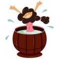 Happy girl takes spa treatments in jacuzzi or cedar barrel. She has fun in the home sauna or spa. Isolated vector trendy Royalty Free Stock Photo