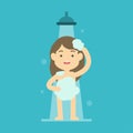 Happy girl taking shower in bathroom concept, Flat vector illustration. Royalty Free Stock Photo